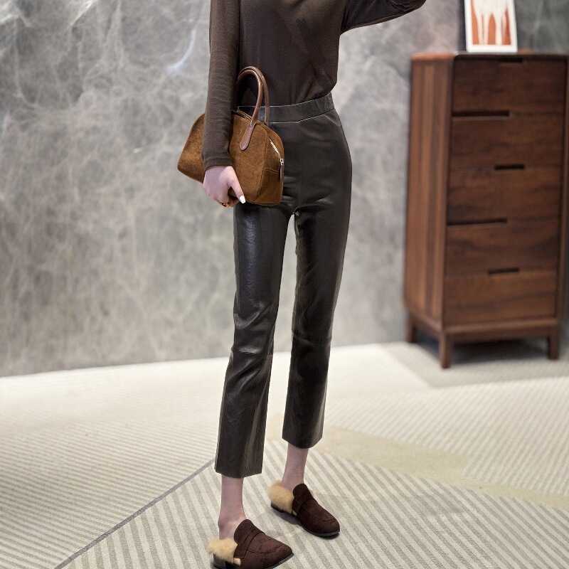 海宁真皮皮裤女士长裤压花显瘦弹力直筒休闲裤进口绵羊皮九分裤子