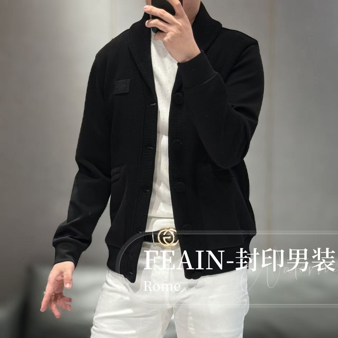 【VEHO】高端定制空气层拼接粗针织青果领开衫6060