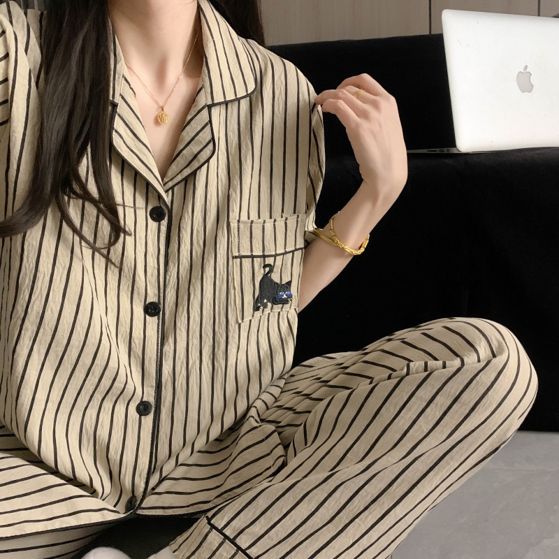 情侣款简约高级条纹男女款睡衣短袖三件套春夏季宽松大码家居服