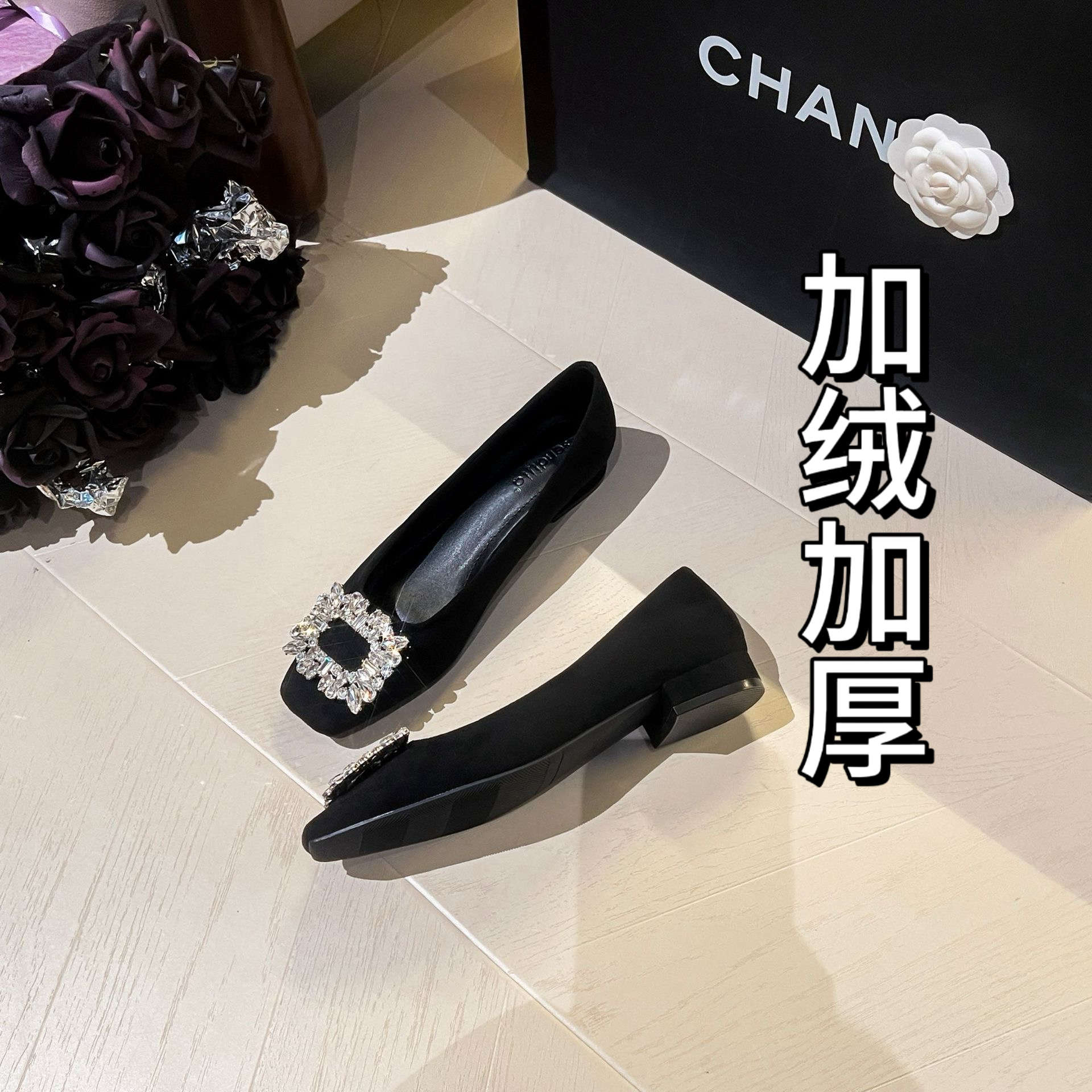 厚黑小香风秋冬百搭方扣口单鞋女气质方头时尚粗跟女士鞋子高跟鞋