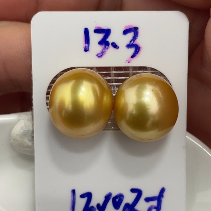 海水珍珠裸珠13-14mm浓茶炫彩金对珠