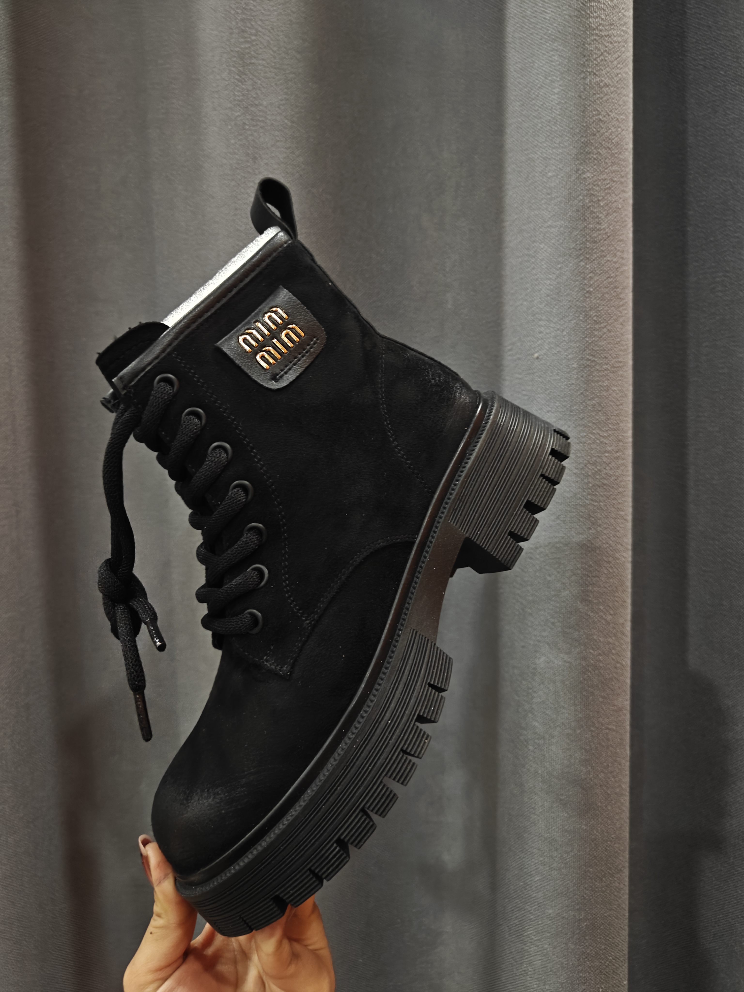 （努尔专属）黑色厚底圆头防滑磨砂皮革系带英伦风休闲78902