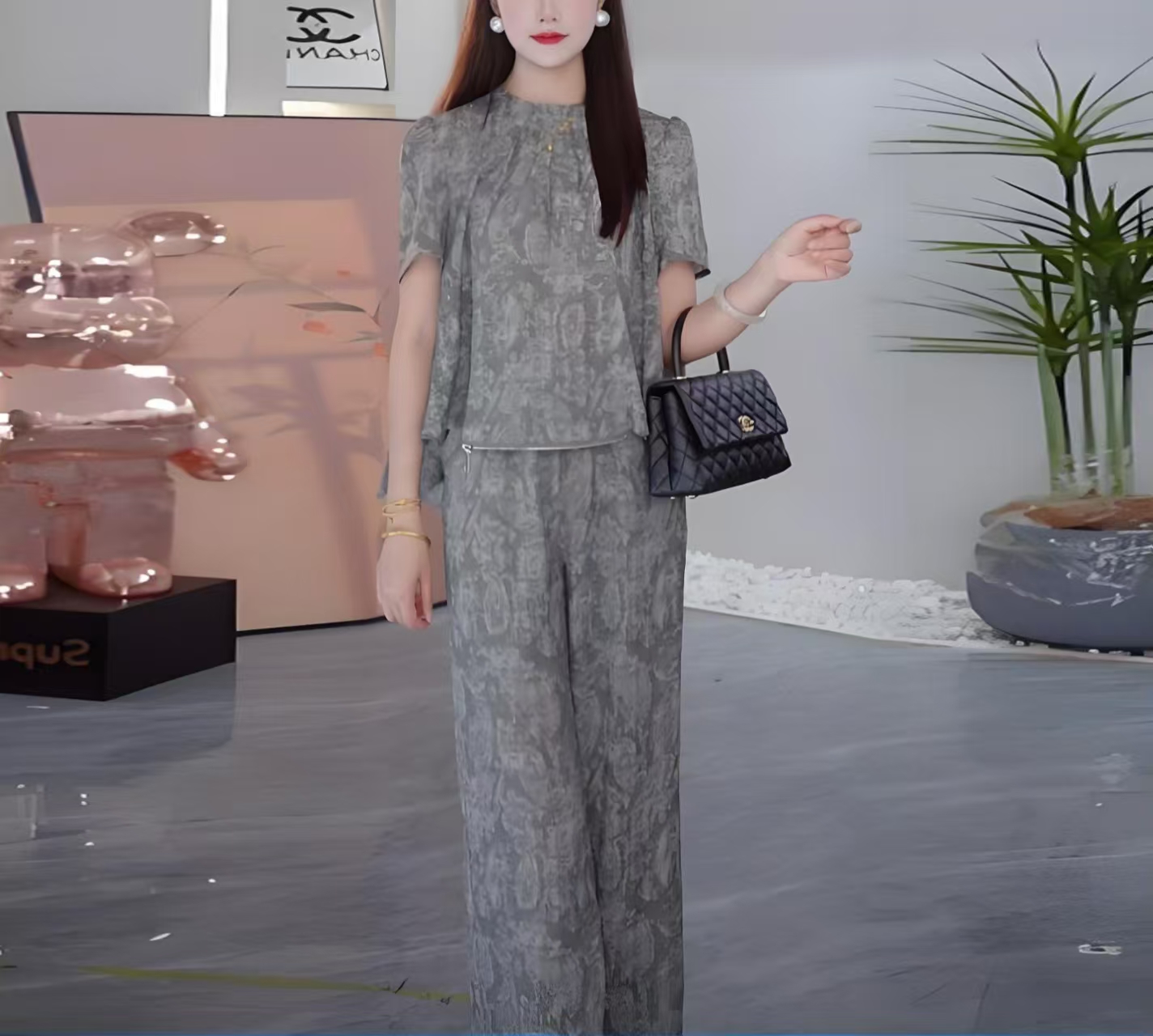 时尚套装女夏季新款洋气质宽松显瘦时尚提花短袖阔腿裤两件套