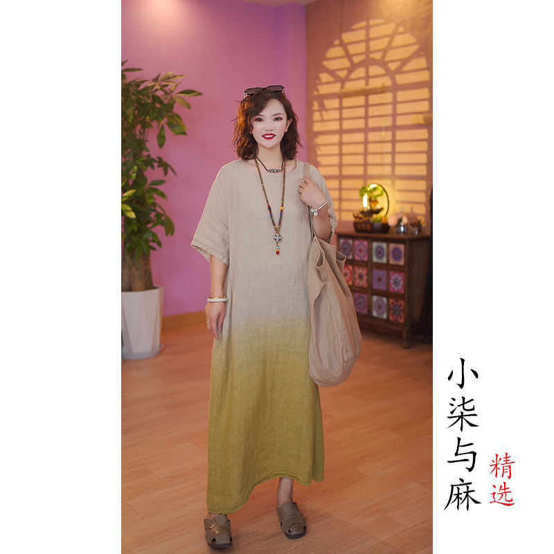 【小柒与麻】100%干洗亚麻渐变色带口袋裙袍（衣长117胸围130）