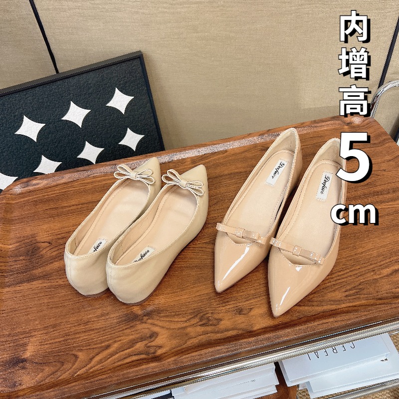 内增高5CM尖头镂空甜美甜心蝴蝶结法式裸色春夏新款玛丽珍女鞋