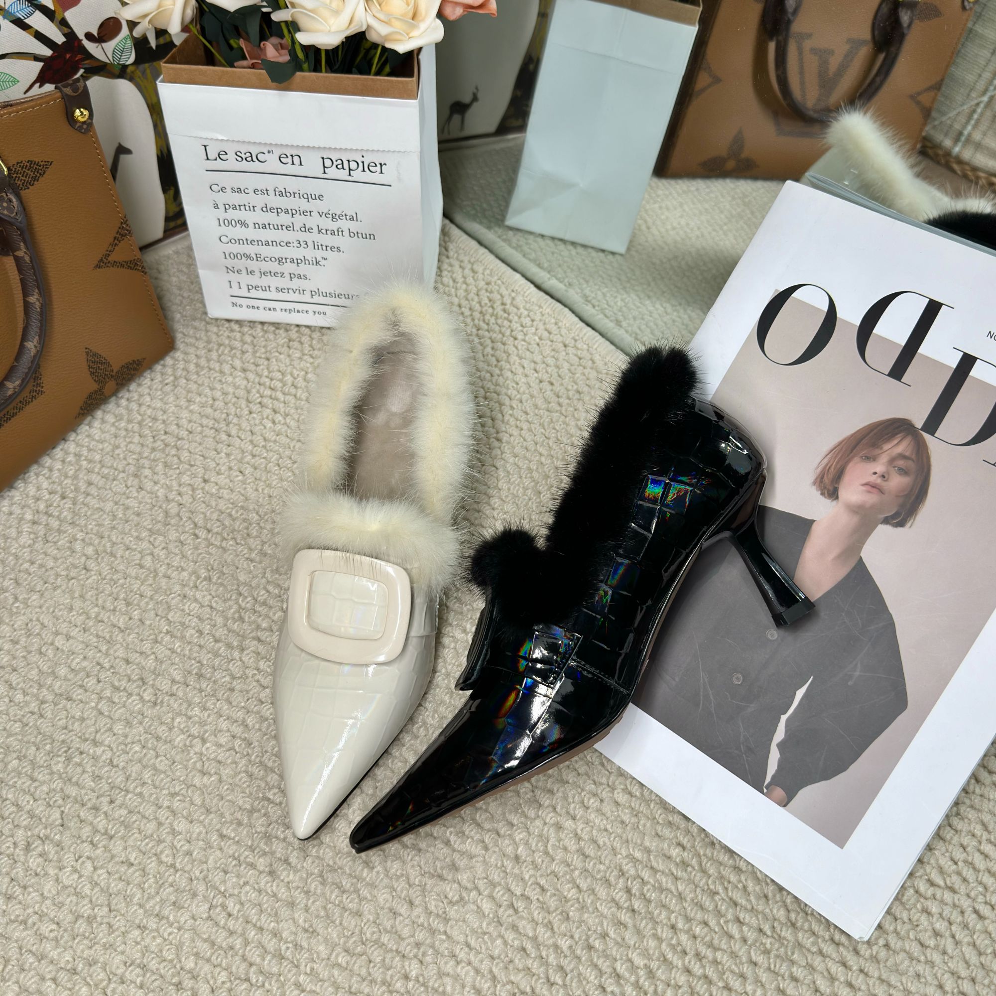 【森莱美】东方既白/牛皮/水貂毛圆尖头高跟百搭鞋加绒单鞋8903