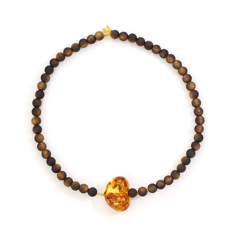 沉香【弥叶】18K金花珀屁桃沉香双圈手串46669