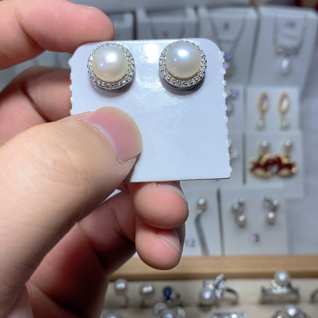 耳饰银S925镶嵌淡水珍珠