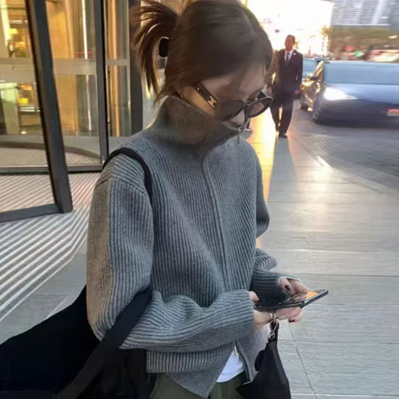 羊毛针织衫常规常规袖翻领上衣秋季韩版毛针织毛衣针织外套ZN662