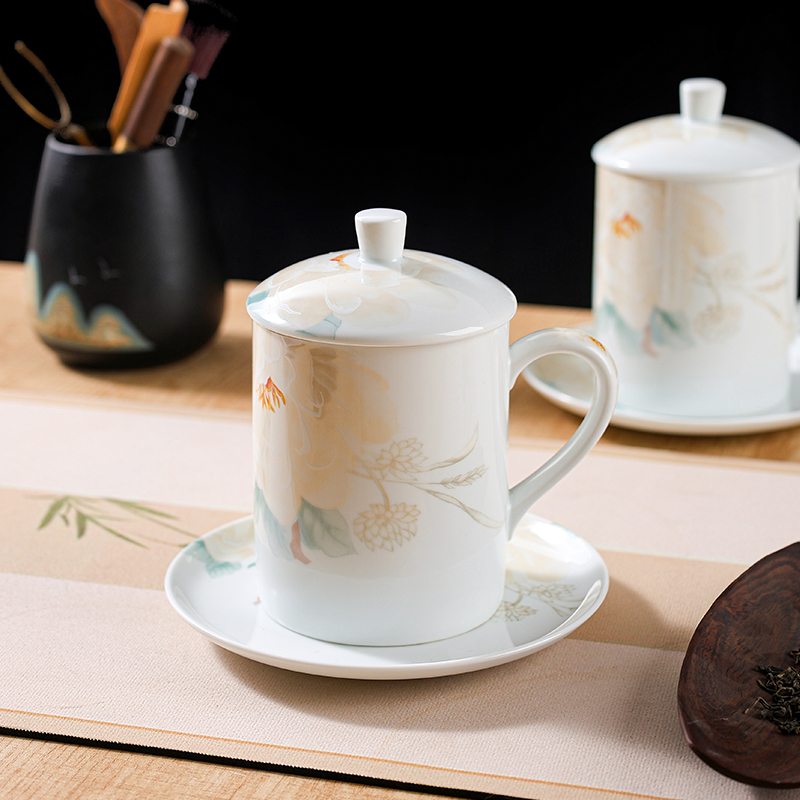 【句途】影青语茉花开远山杯2杯2碟带盖马克杯泡茶杯陶瓷杯