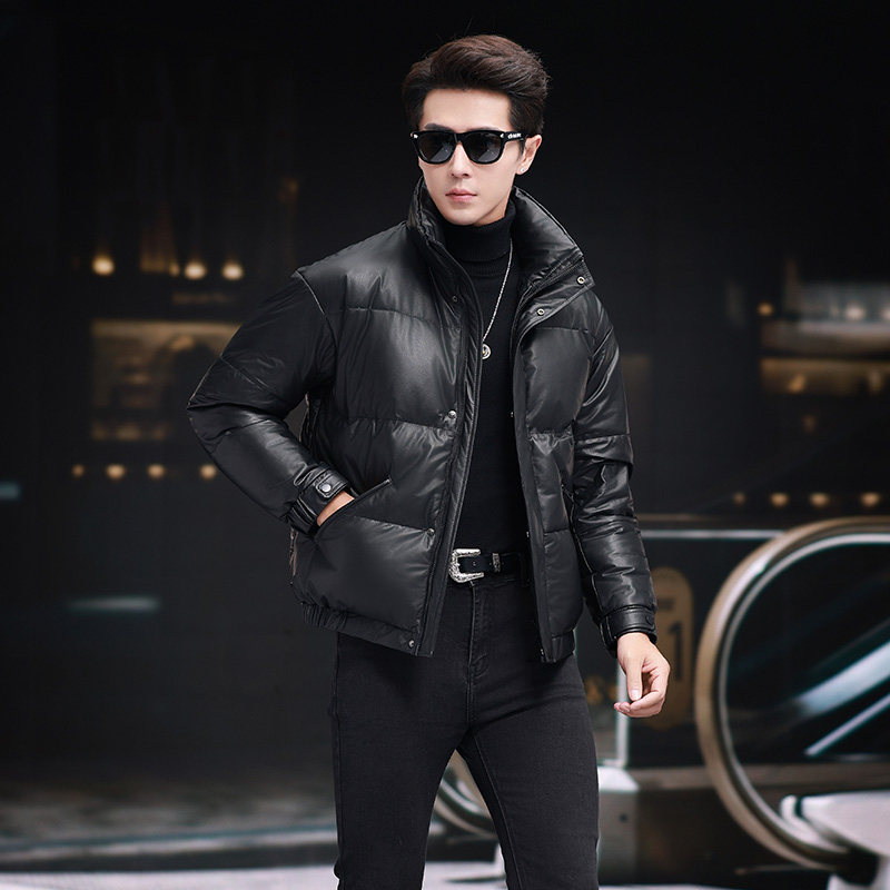 VM6919头层牛皮真皮皮衣男羽绒服短款立领鹅绒冬季外套