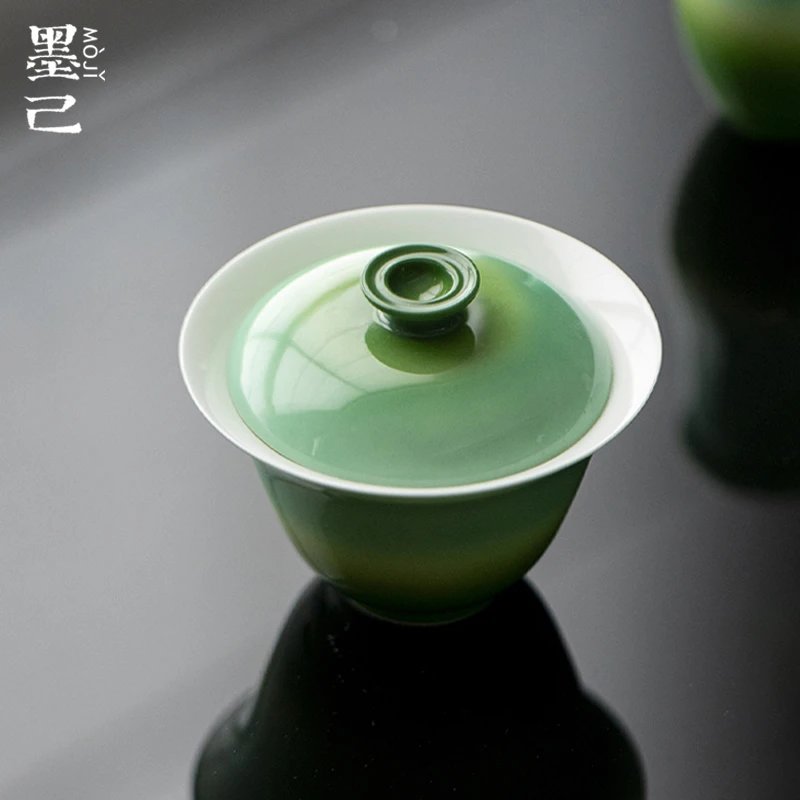 如伶醒春集渐变绿色薄胎陶瓷盖碗功夫茶具泡茶碗撇口盖碗家用