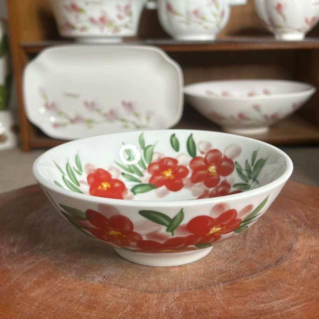 胡老师同款【深碗】直径15.5高6CM小红花景德镇手绘釉下彩山茶花