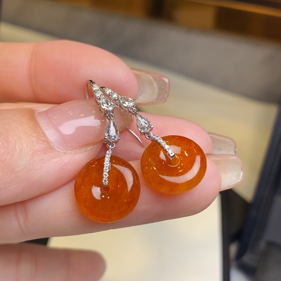 翡翠耳饰18K金镶嵌冰蜜橘红翡小扣子