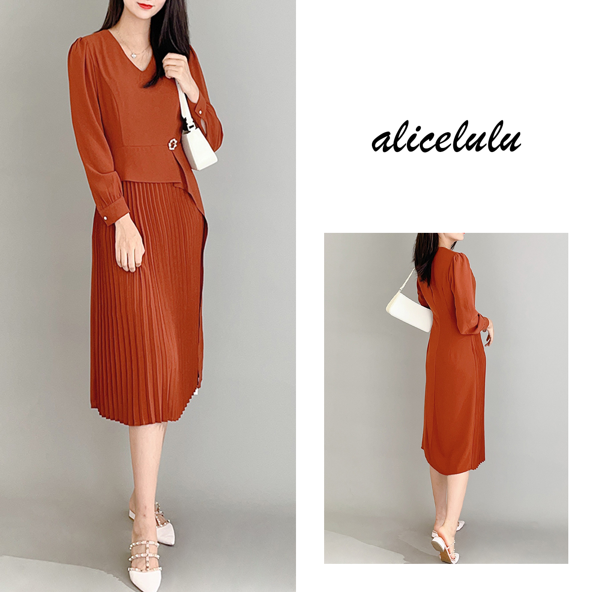 2alicelulu“褶间落日”连衣裙优雅拼褶时髦显瘦S2139250B