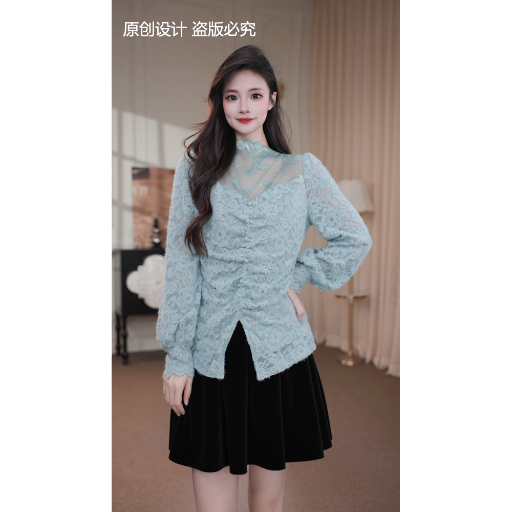 旷宁宁·冰蓝花境·秋冬装花朵纽扣设计感加绒小衫上衣女装-