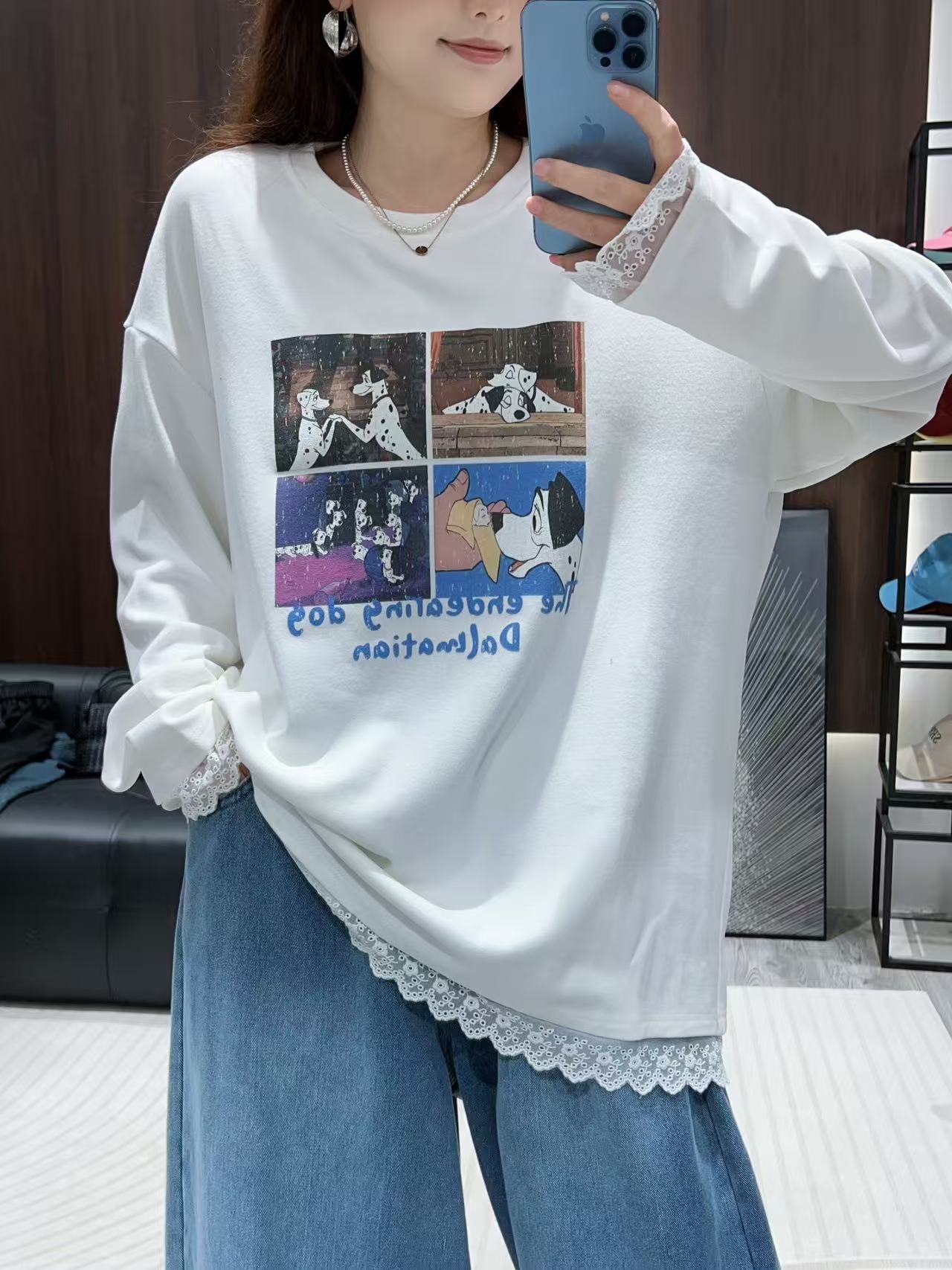 清货！【双面绒感卡通】冬季新款韩版宽松蕾丝花边拼接打底T恤女