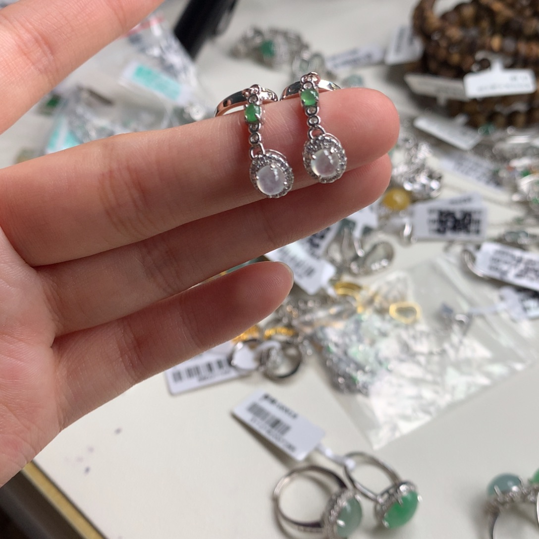 翡翠银S925镶嵌戒指耳钉