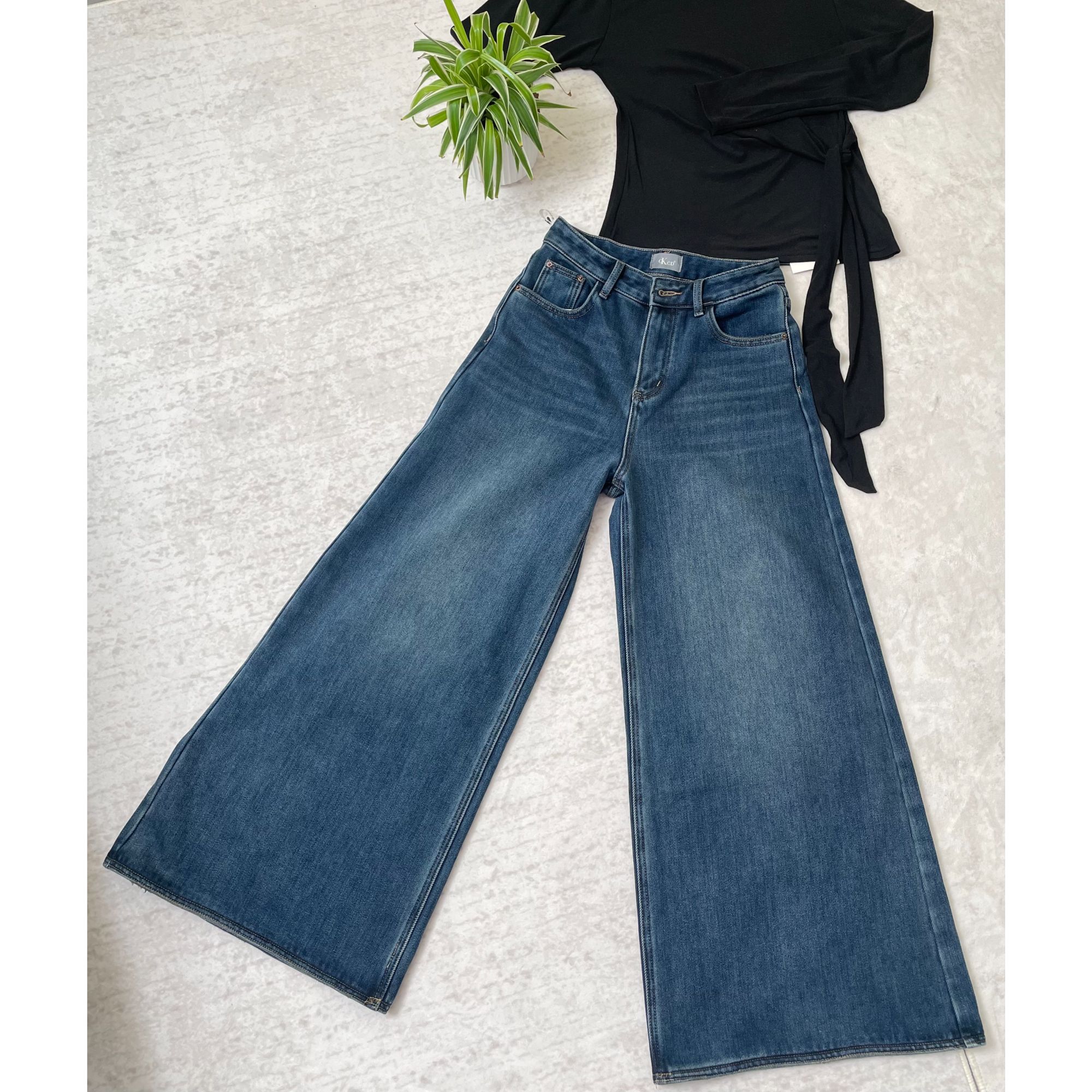 无弹牛仔裤高腰宽松阔腿裤裤子蓝色简约休闲