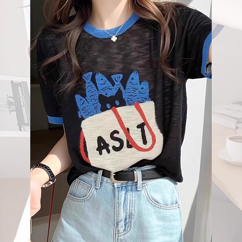 韩系黑色卡通印花竹节棉短款上衣女夏设计感小众修身正肩短袖t恤