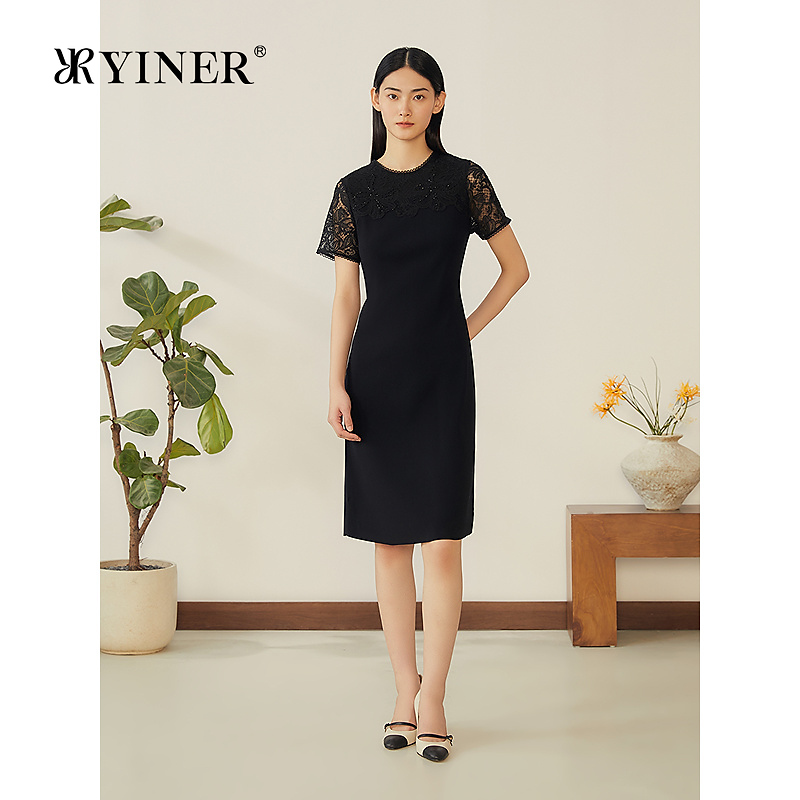 YINER音儿专选2025夏季新款法式X型复古曲珠蕾丝钉珠花卉连衣裙
