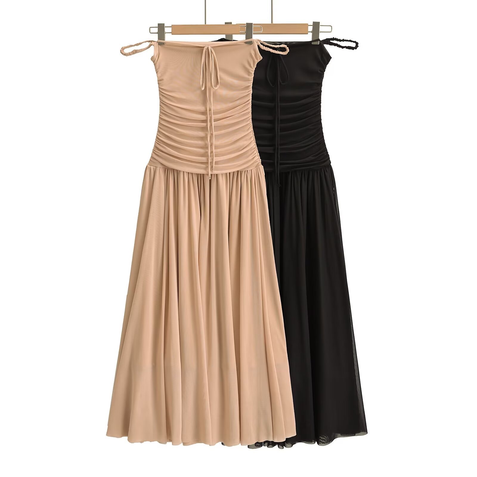 夏季性感辣妹款挂脖网纱紧身连衣裙显瘦束腰长裙大裙摆一字肩多穿