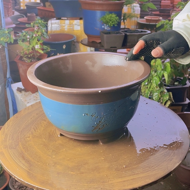 宜兴紫砂花盆蓝中