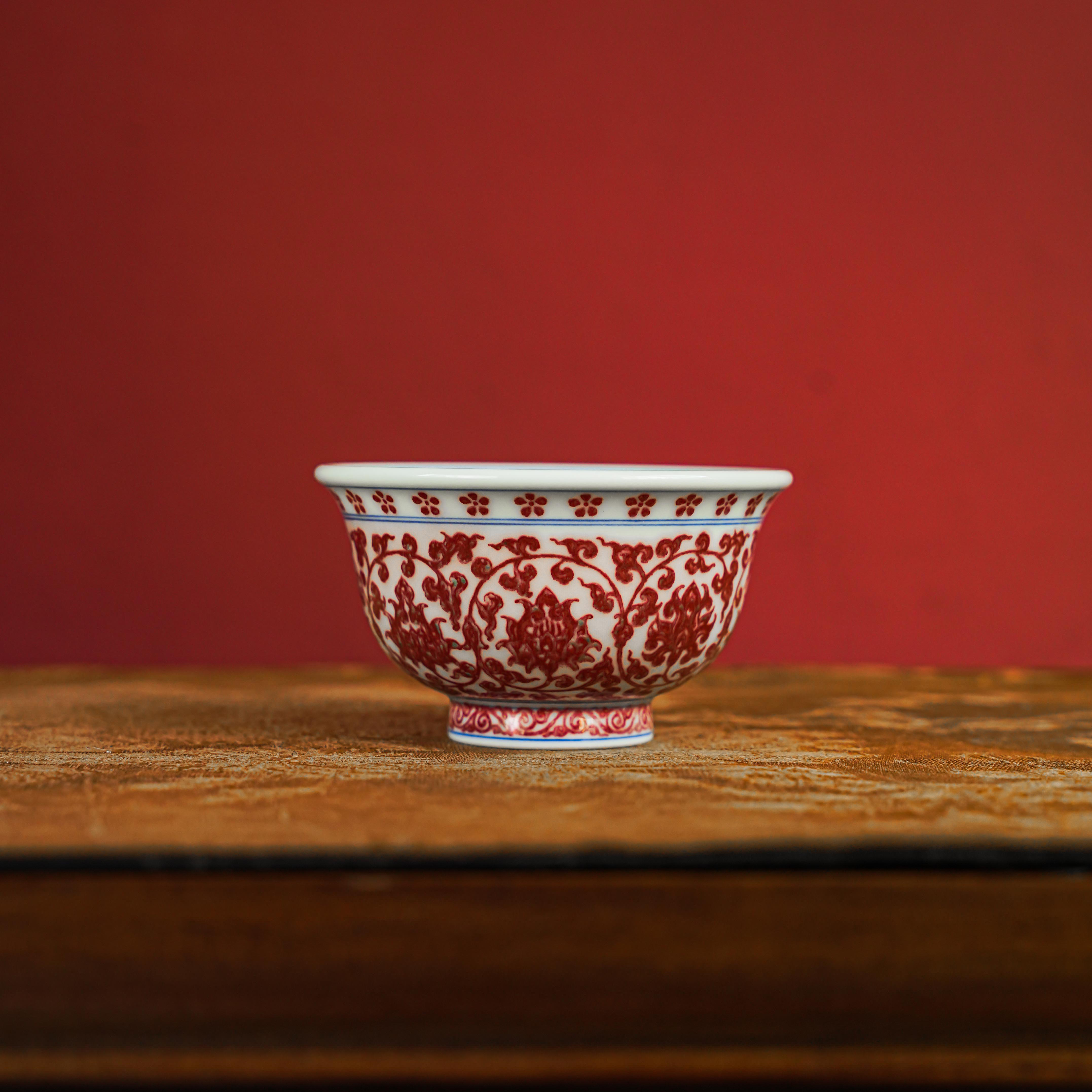 阳春白雪全红釉里红压手杯茶杯大明风华