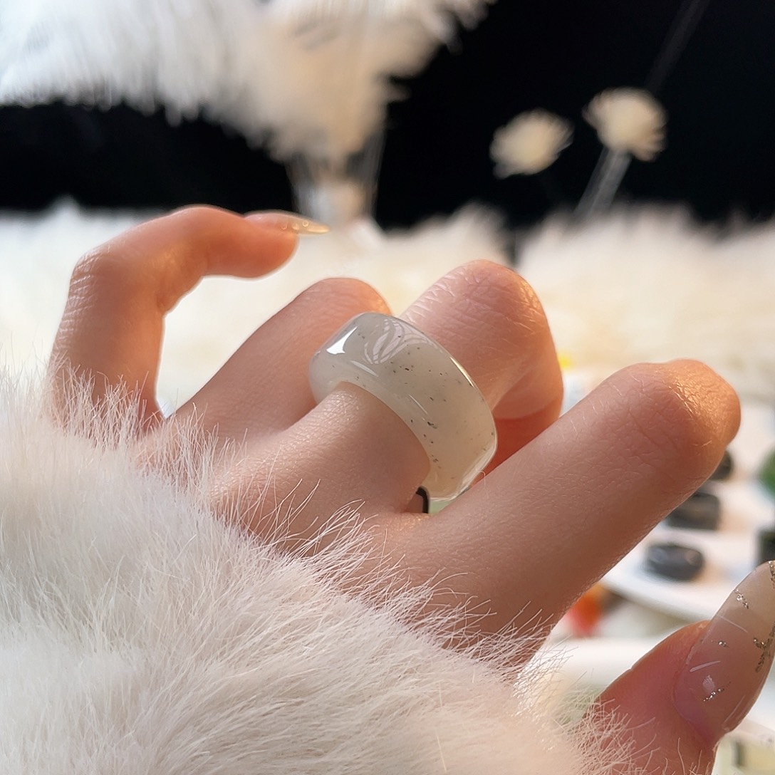 和田玉未镶嵌戒指k124 冰底点墨圆切17.2mm