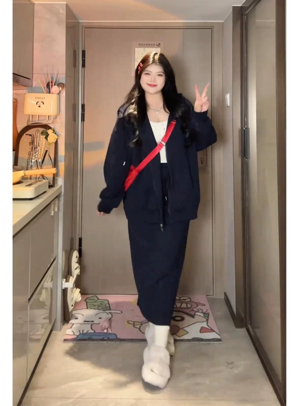 胖mm慵懒风休闲套装松弛感连帽卫衣外套半身长裙两件套