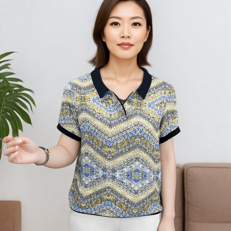 妈妈夏季减龄花色条纹半开领宽松显瘦中老年女装洋气短袖小衫上衣
