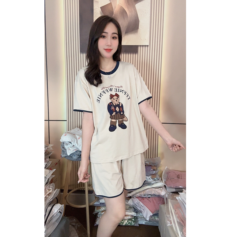 睡衣女夏季新款纯棉短袖短裤甜美可外穿家居服套装（学院风小熊）