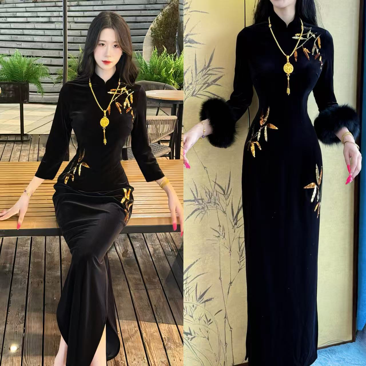 LHMknk1画报夫人原创自制新中式秋冬珠片绣刺绣复古旗袍 万闪金竹