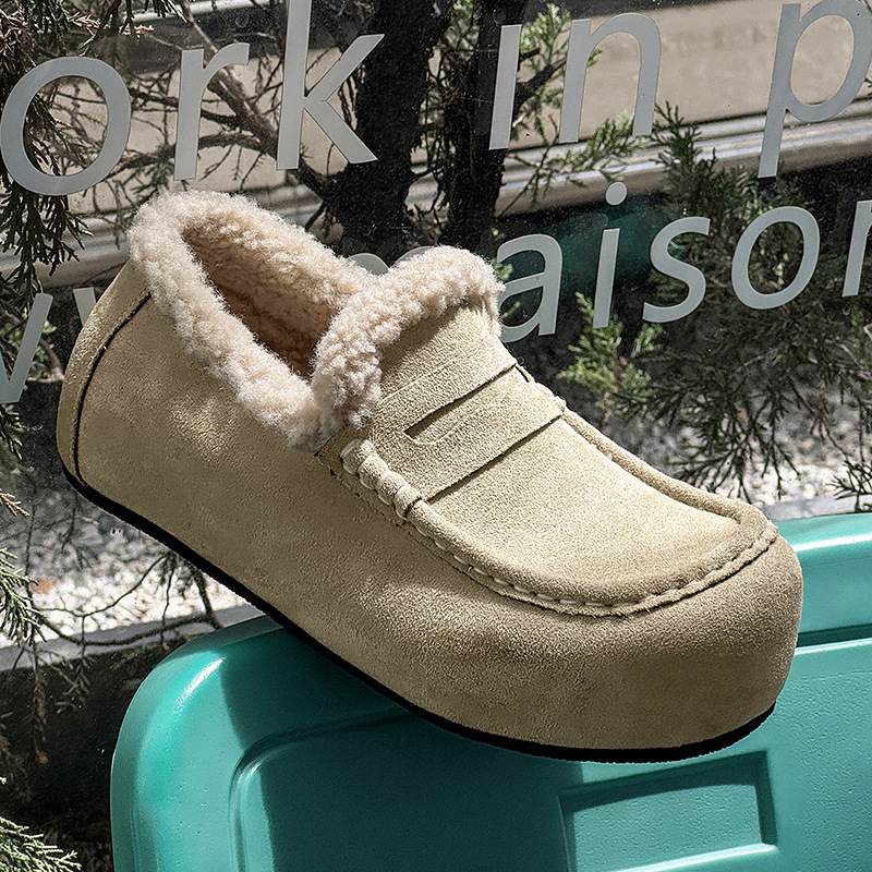 秋冬加绒保暖中老年乐福鞋一脚蹬青年懒人雪地靴灰色冬季加厚软底