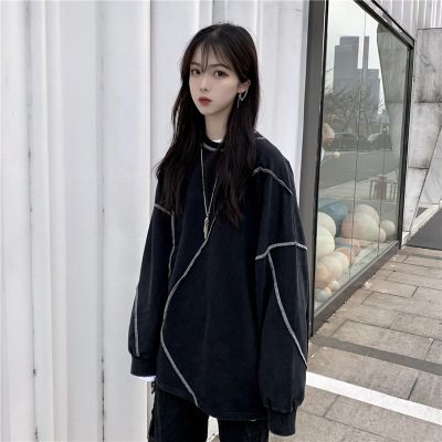 2024新款秋装薄款圆领个性卫衣女长袖宽松百搭学生外穿上衣潮