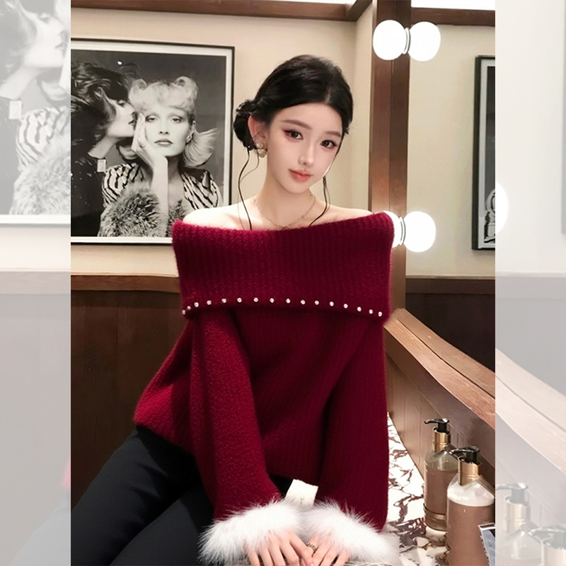 独特漂亮红色一字肩露肩小衫毛衣女装冬季穿搭针织衫洋气高贵上衣