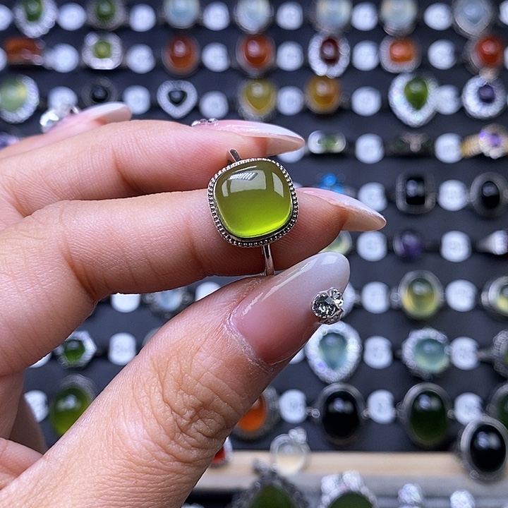 岫玉戒指银S925镶嵌糖