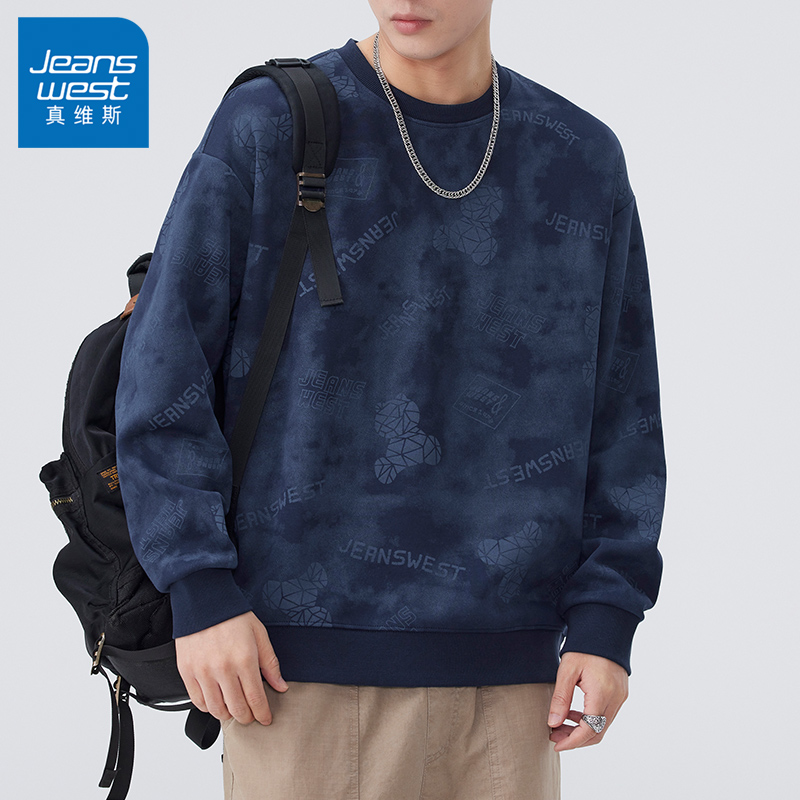 Jeanswest/真维斯秋季新款男士卫衣潮牌印花圆领长袖宽松休闲上衣