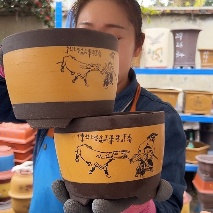 黄色放牛娃笔筒16+16花盆花盆