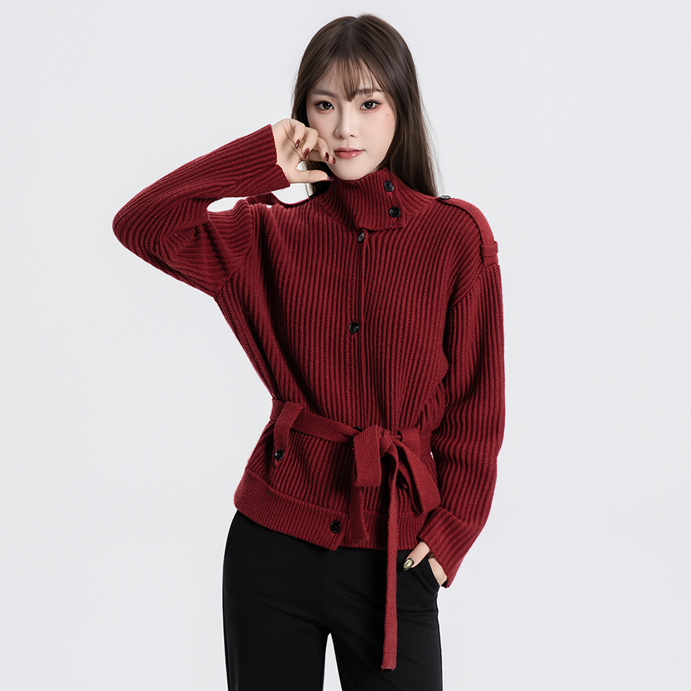 羊毛混纺粗针高领毛领开衫收腰显瘦针织开衫系腰立领秋冬外套G003