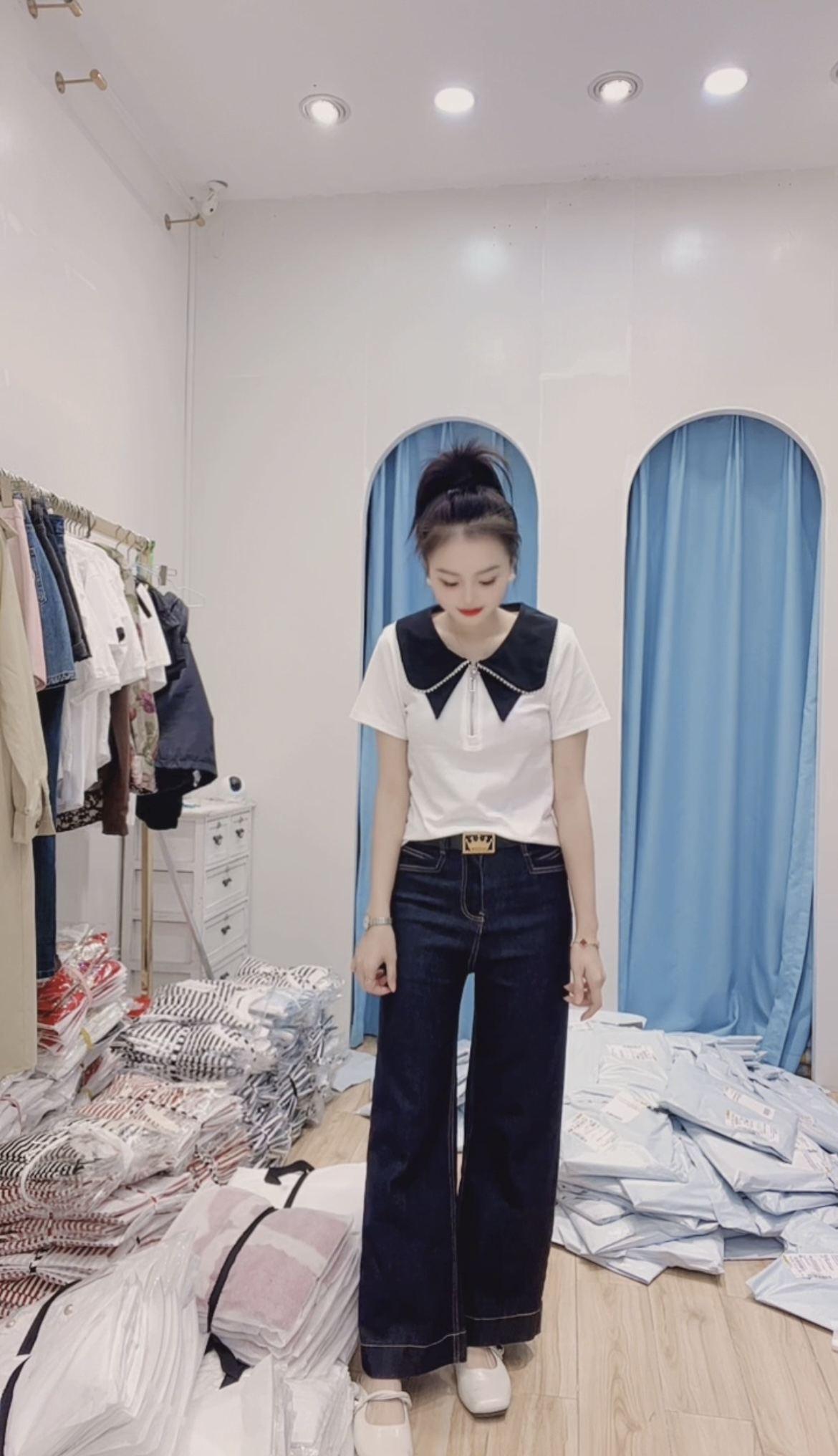 【小玉】娃娃领手工钉珠时尚百搭修身显瘦2025新款短袖女上衣