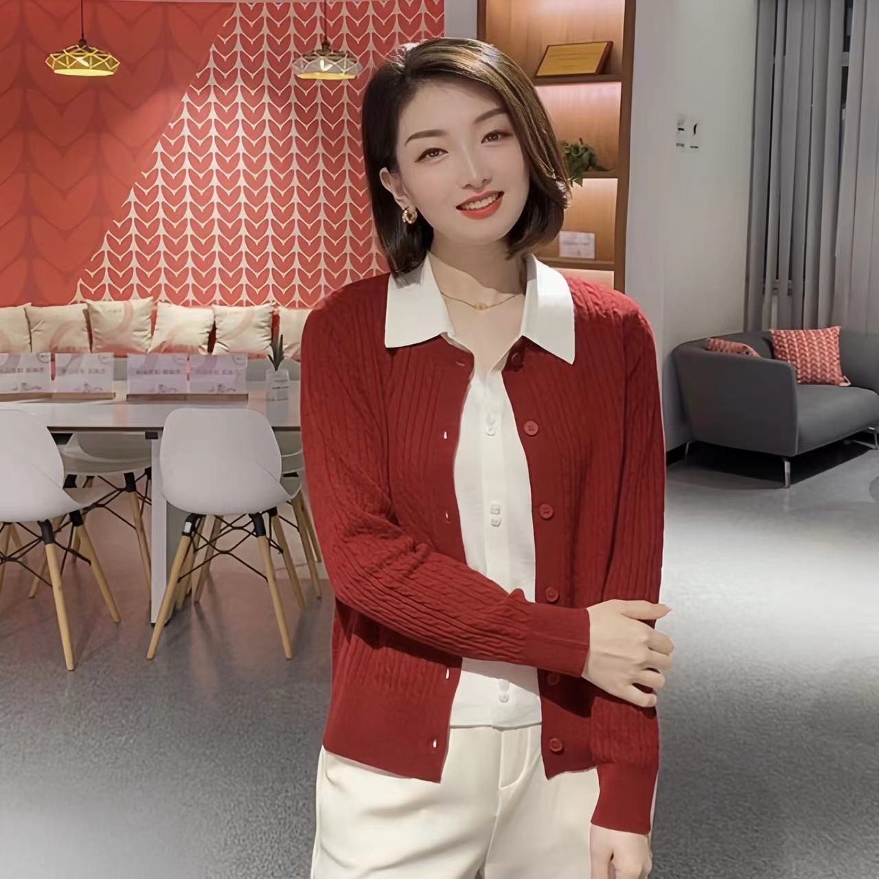 【100%羊毛】柔软宽松圆领绞花针织开衫女百搭休闲秋冬长袖羊毛衫