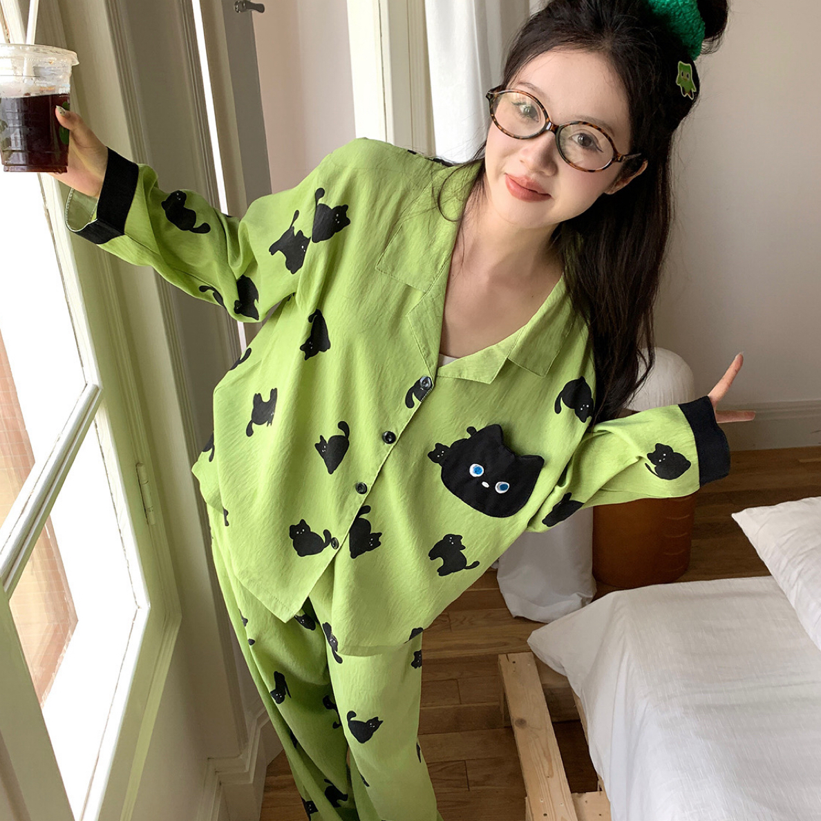 可爱小黑猫长袖睡衣女秋季宽松可外穿休闲舒适家居服睡衣女