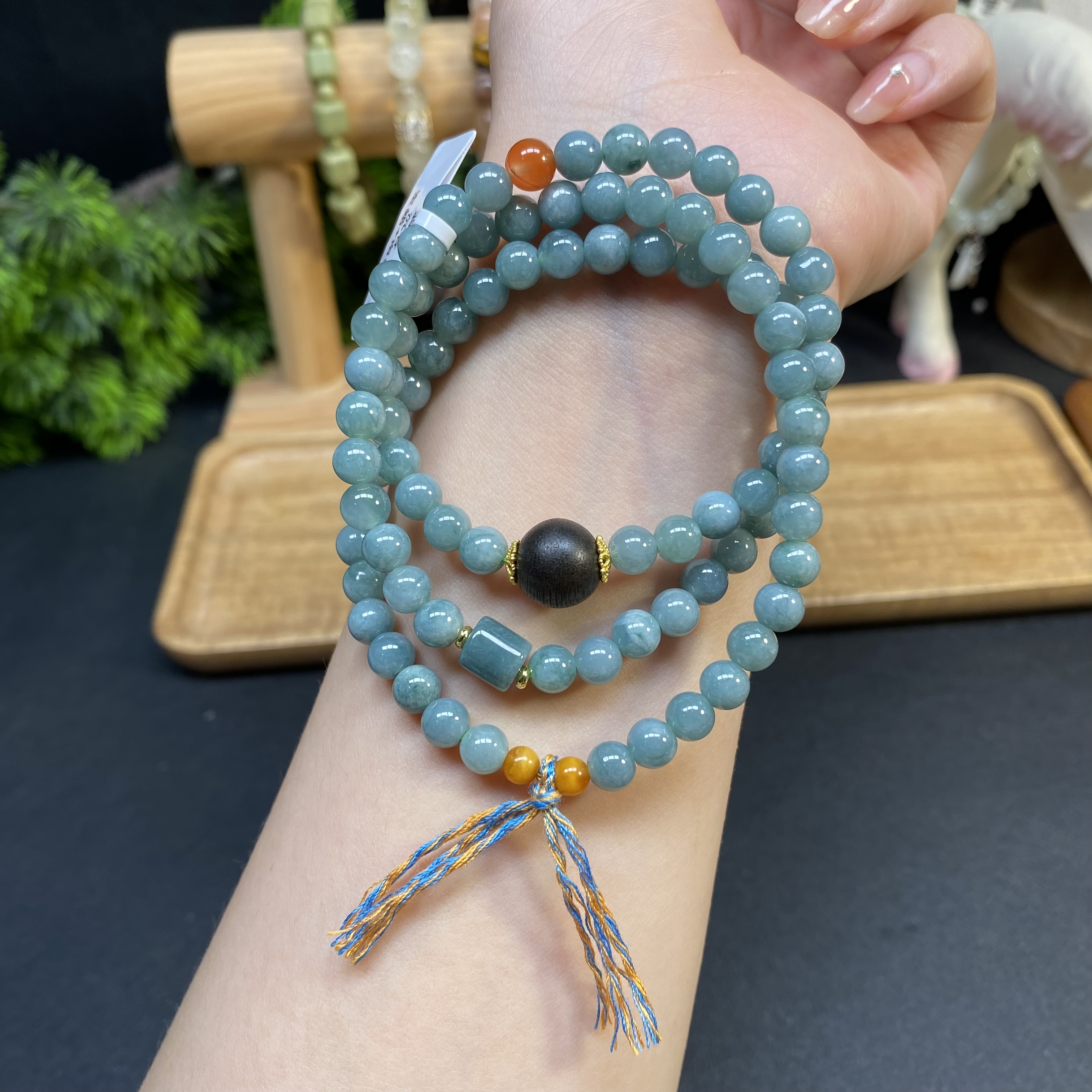 【翡翠三圈6m手串】A961搭配蜜蜡玛瑙文玩木串流苏时尚精美妈妈长链