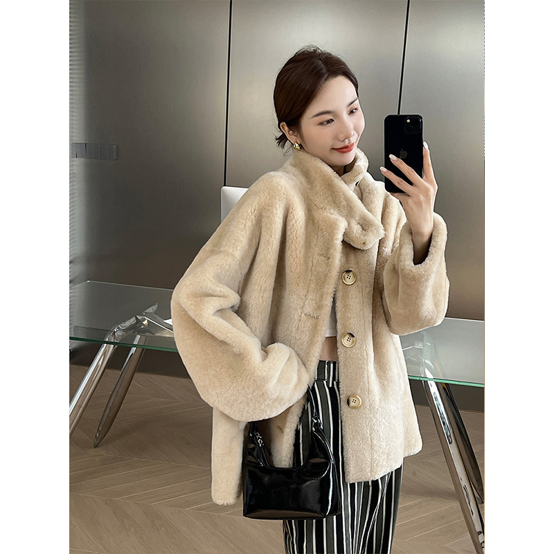 美利奴皮毛一体外套女中长款气质立领海宁皮草羊羔毛大衣年轻款冬