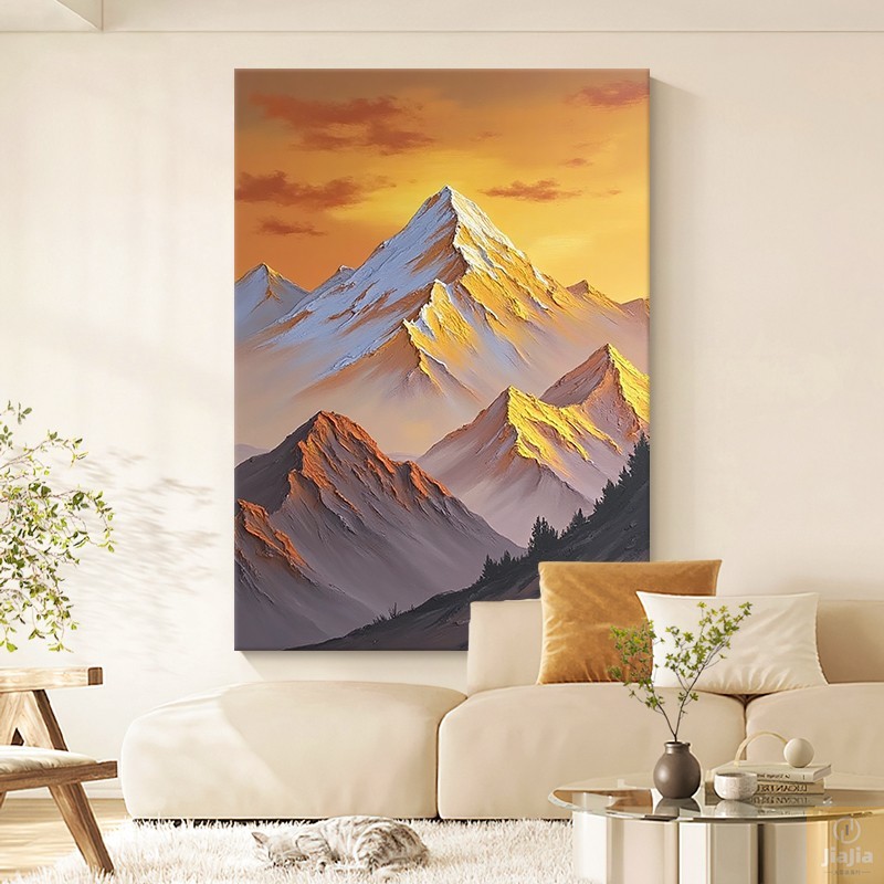 意式日照金山纯手绘油画侘寂风客厅装饰画轻奢大气玄关肌理感挂画