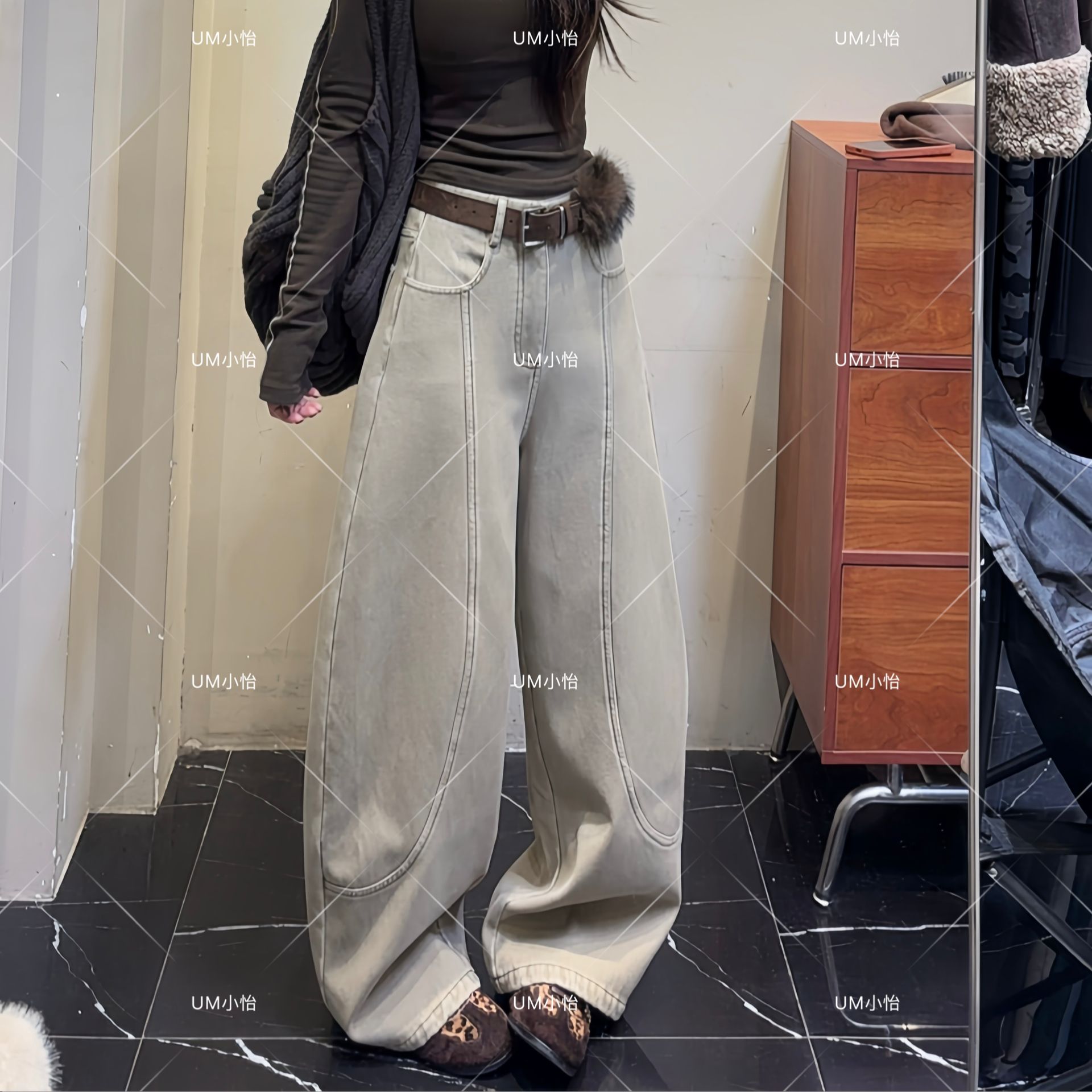 鑫怡定制【林深见鹿】冬季新款美式复古宽松加绒加厚休闲百搭阔腿裤