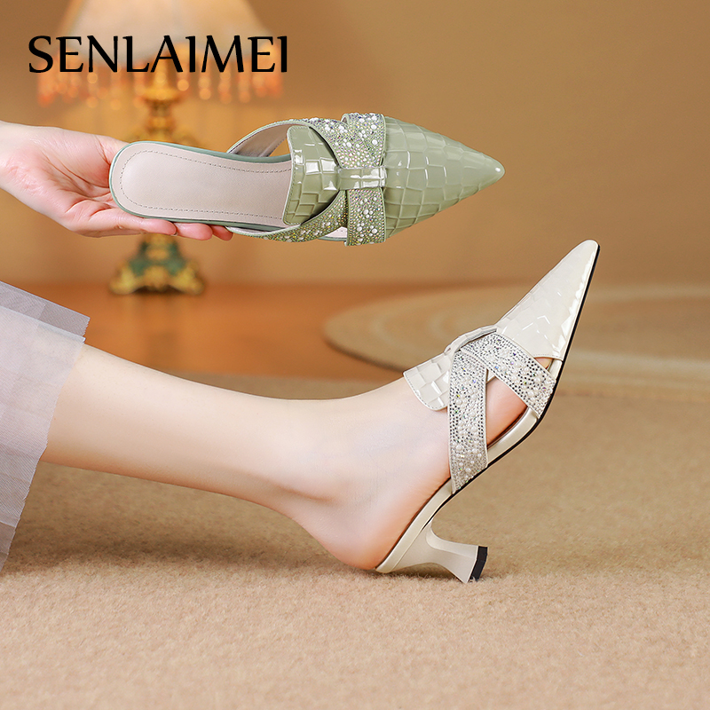 跟高5cm【官宣】头层牛皮/33-40/602/新款编织尖头包头高跟百搭凉拖
