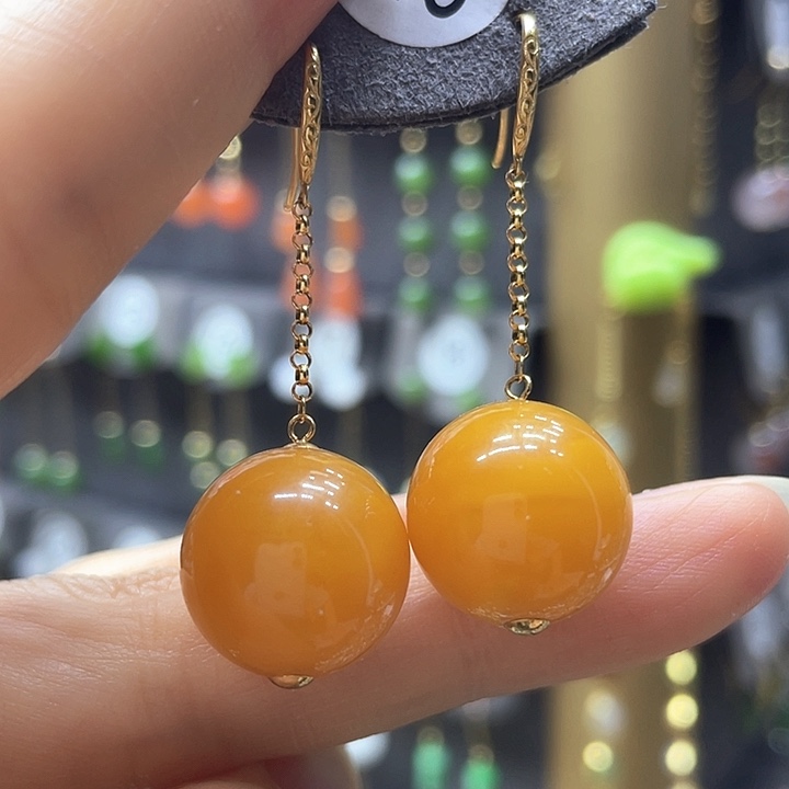 蜜蜡18K金镶嵌耳饰