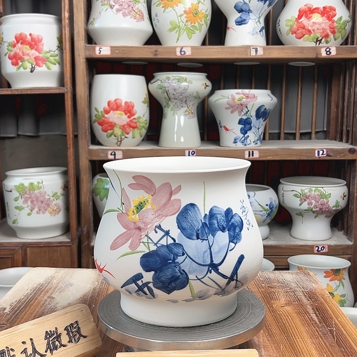 摆件高20口20青花荷花新款陶瓷陶瓷